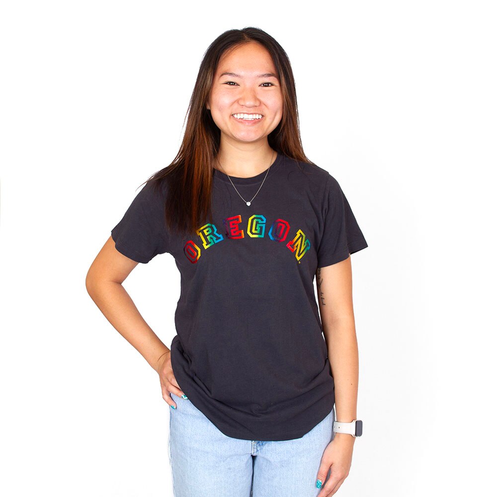 Arched Oregon, Camp David, Black, Crew Neck, Cotton, Women, Rainbow Foil, Outline design, T-Shirt, 969238